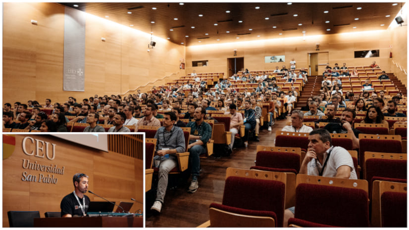 Photo of Raul&#39;s talk during his talk on oAuth showing Raul speaking and the audience of about 100 people.