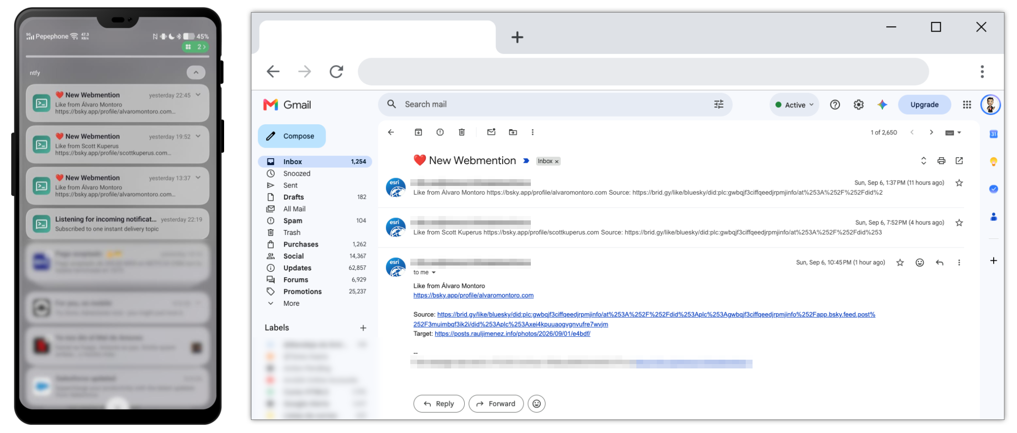 On the left, push notifications on the phone titled ’New Webmention’ with the author of each reaction. On the right, those same mentions arriving as email, each with its source and target