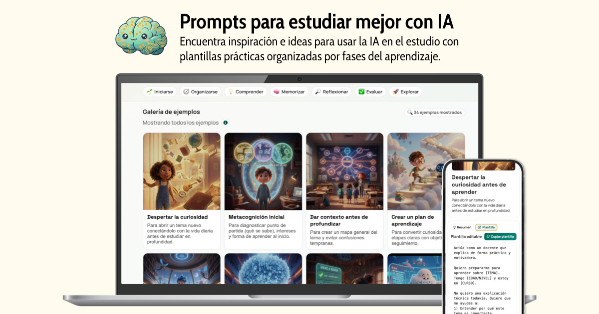 Banner promocional de "Prompts para estudiar" mostrando que funciona en escritorio y móvil