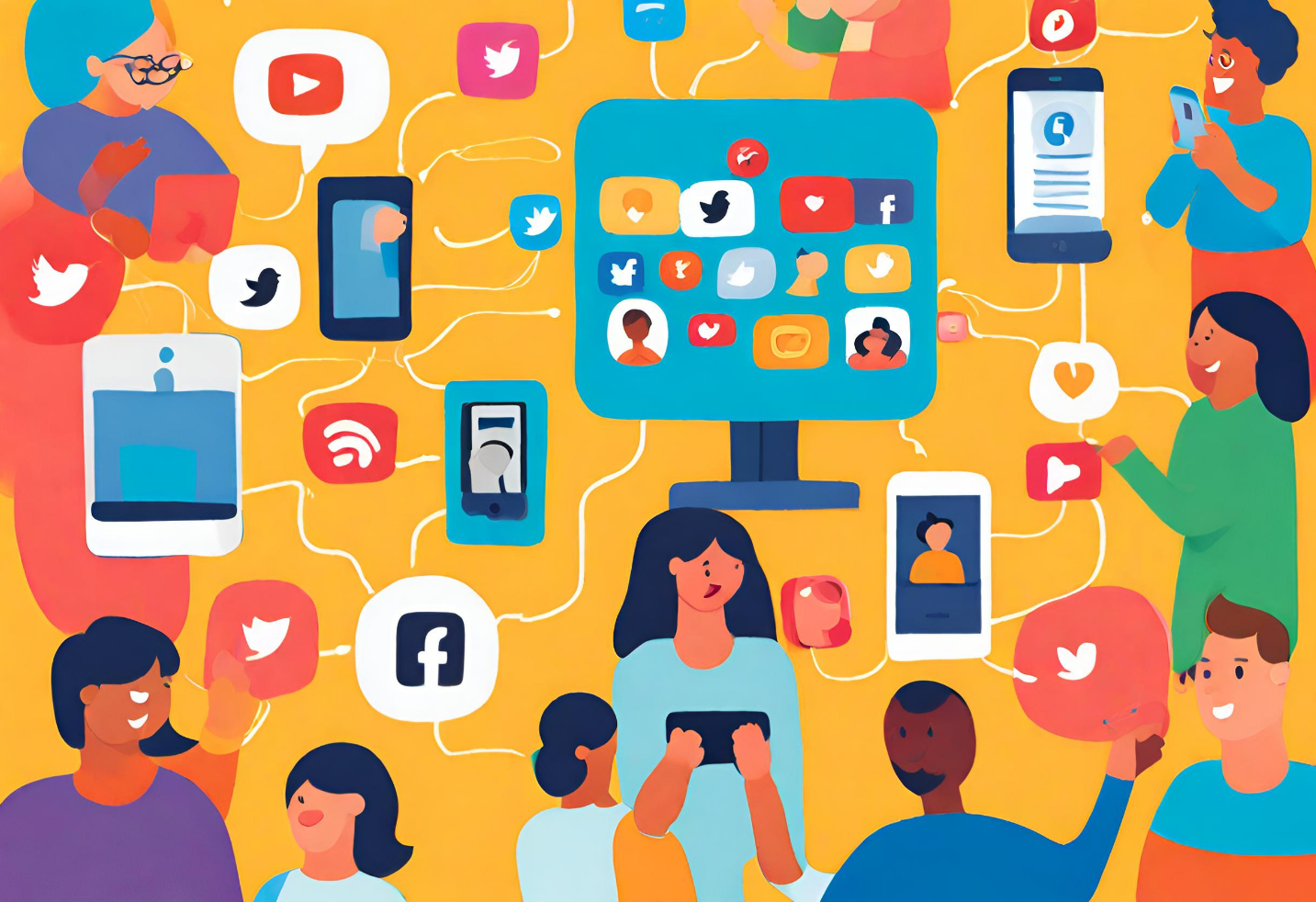 Una imagen con dispositivos interconectados e iconos de redes sociales rodeados de una multitud diversa