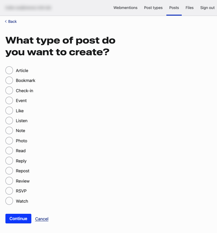 Pantalla de Indiekit con la lista de tipos de post disponibles: Article, Bookmark, Check-in, Event, Like, Listen, Note, Photo, Read, Reply, Repost, Review, RSVP y Watch