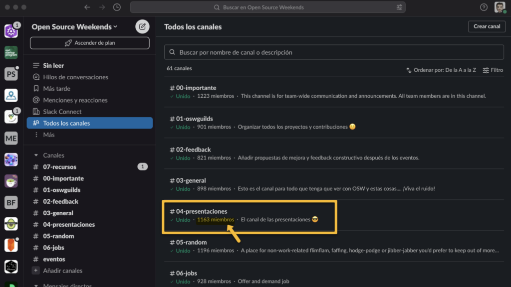 Pantallazo del Slack de Open Source Weekends