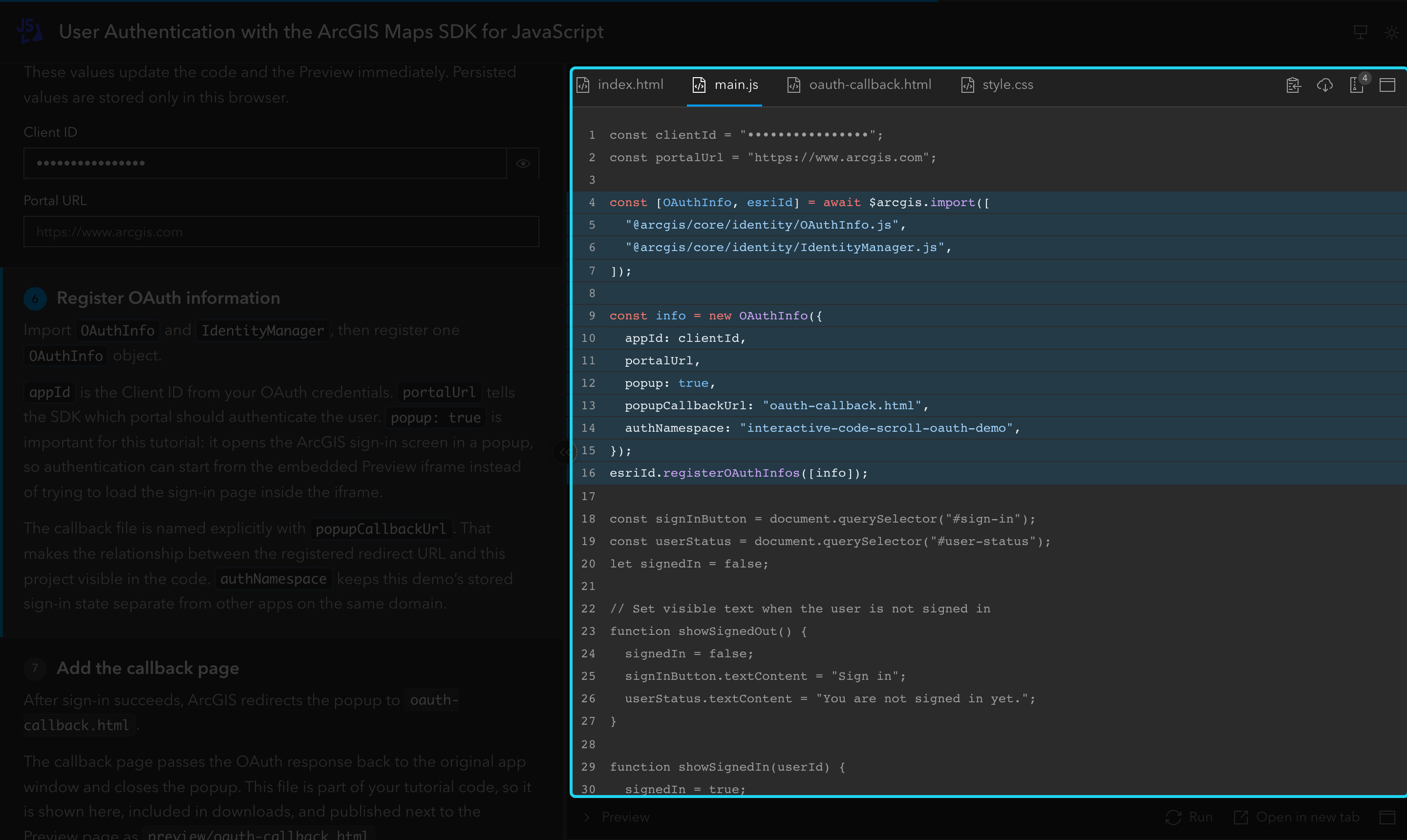 The code panel on the right is highlighted: file tabs, and the code with the active step's region highlighted.