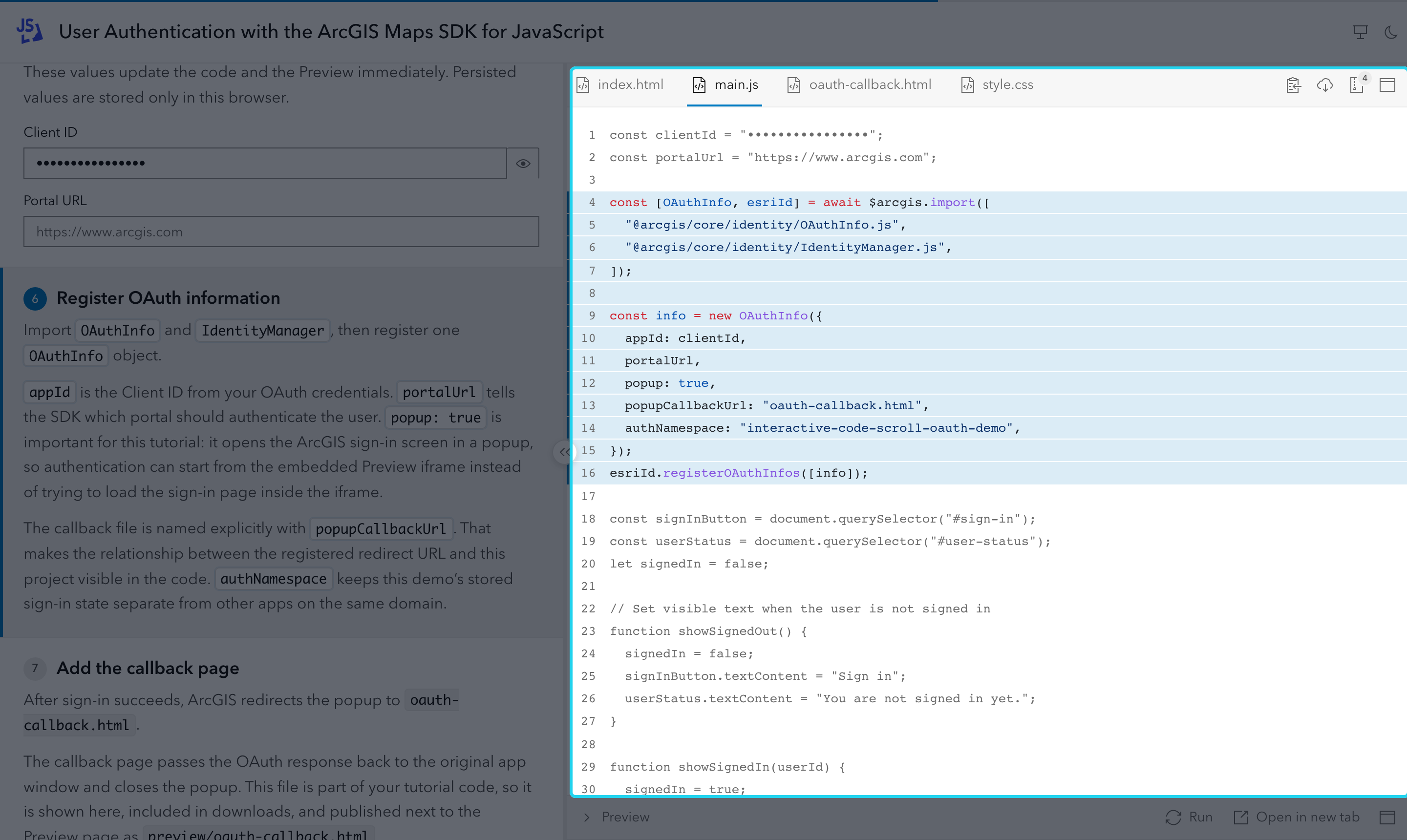 The code panel on the right is highlighted: file tabs, and the code with the active step's region highlighted.