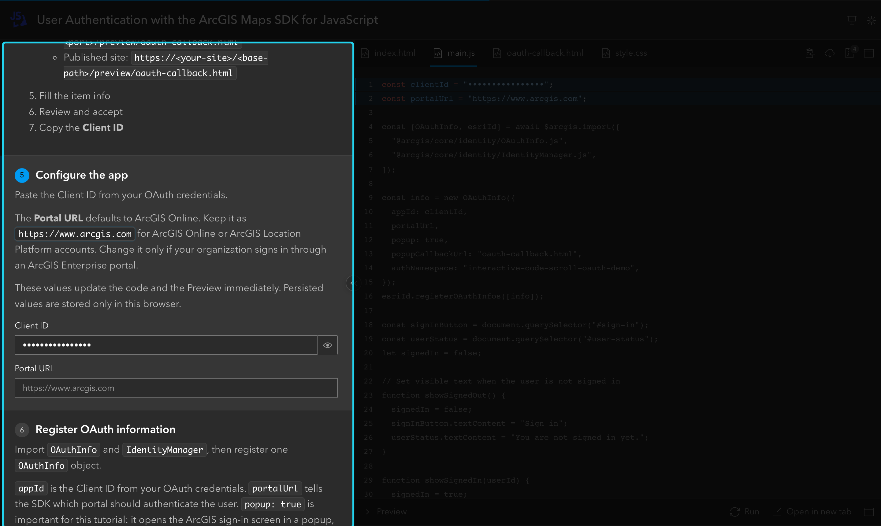 The explanations panel on the left is highlighted: steps with their headings, text and form fields.
