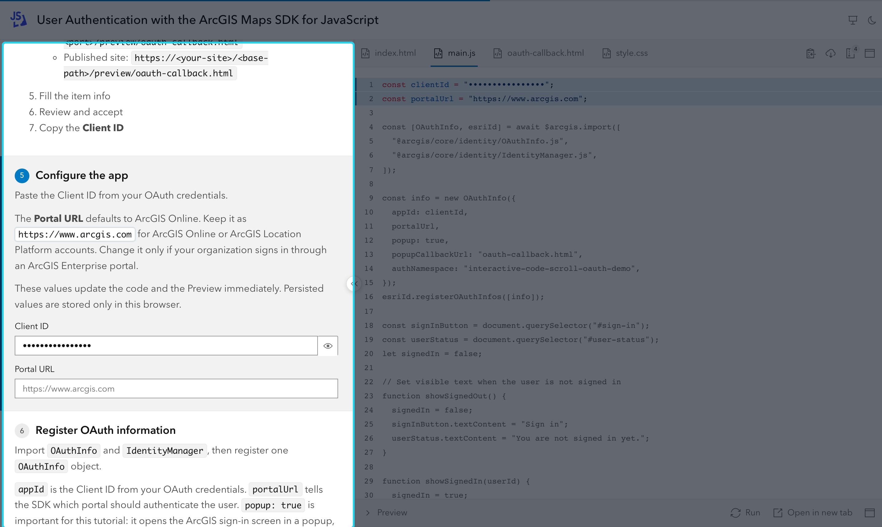 The explanations panel on the left is highlighted: steps with their headings, text and form fields.