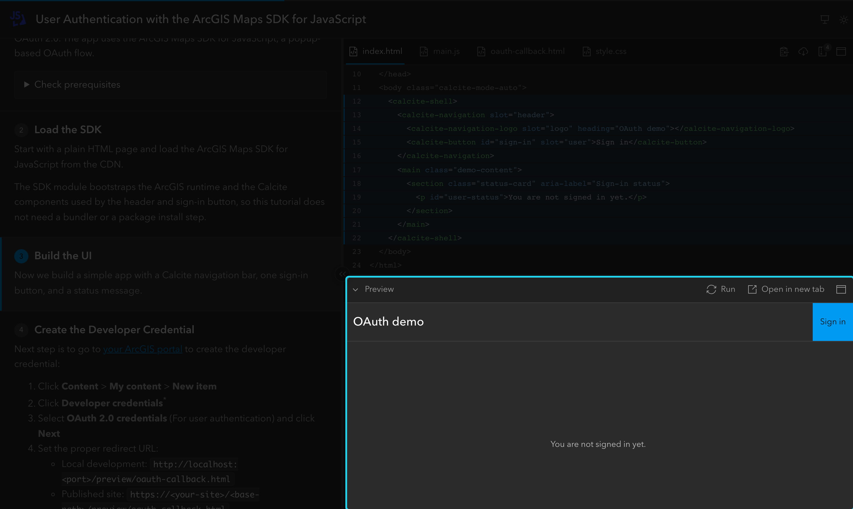 The Preview under the code panel is highlighted: the running web app with Run and Open in new tab buttons.
