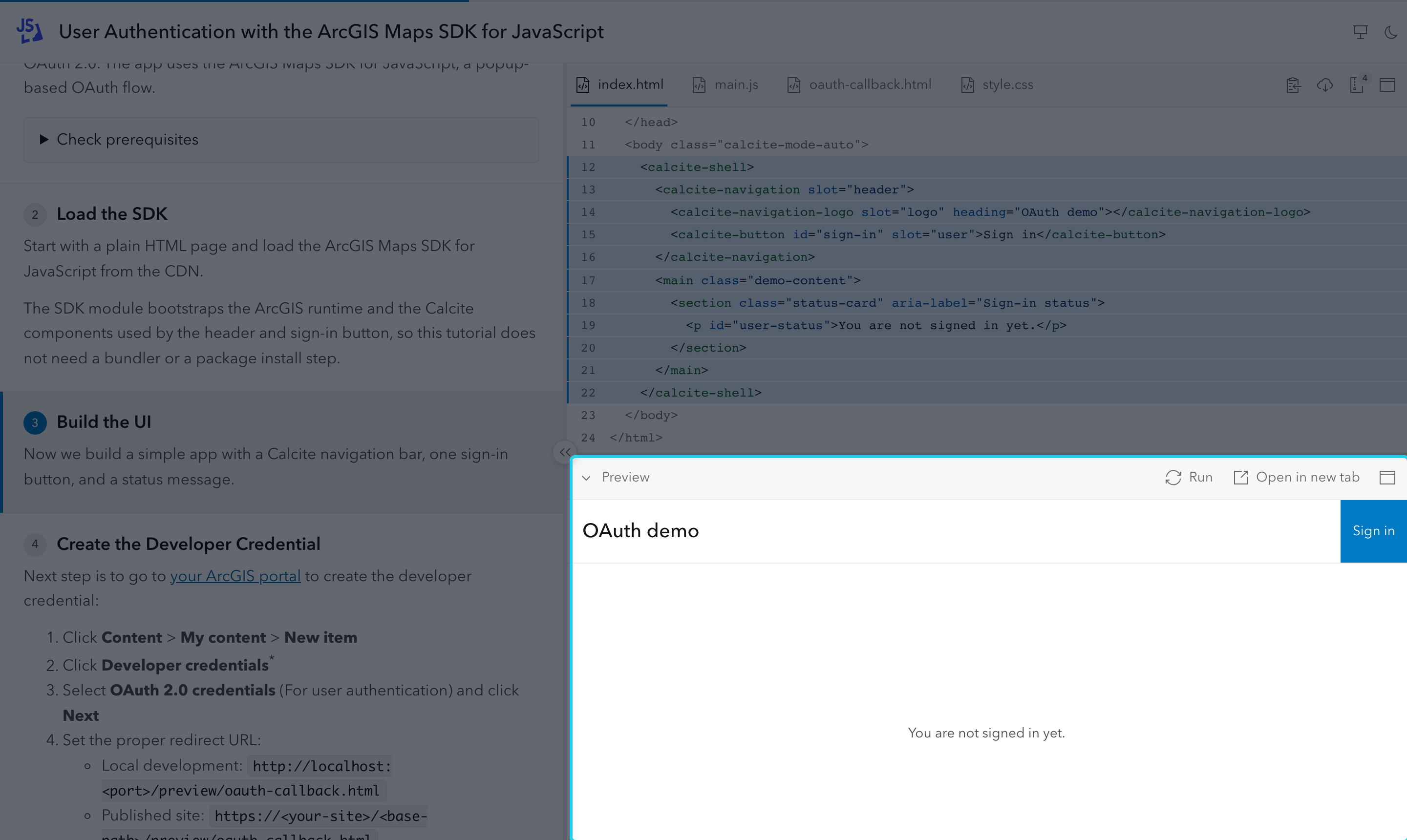 The Preview under the code panel is highlighted: the running web app with Run and Open in new tab buttons.