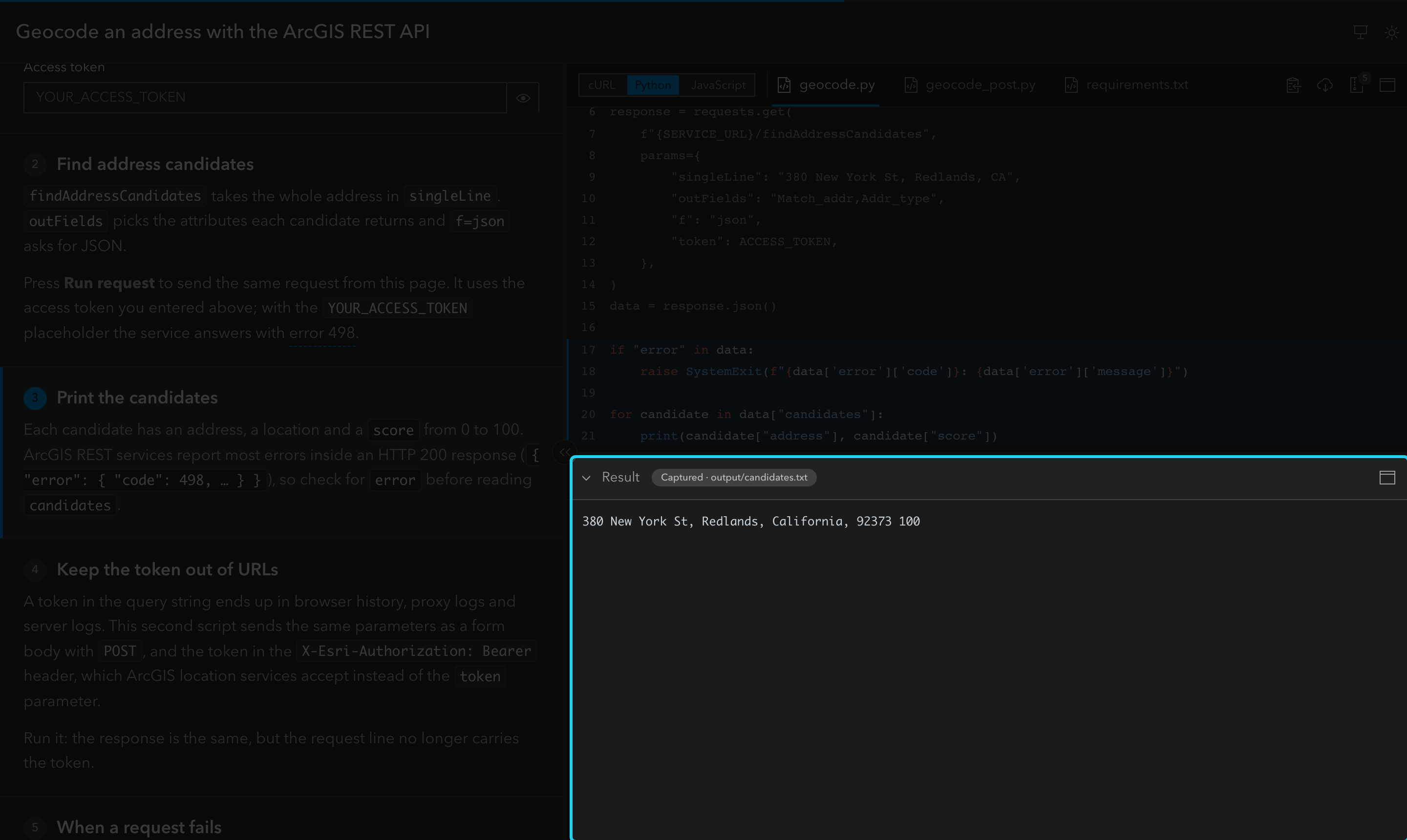 The Result pane under the code panel is highlighted: the captured terminal output of a Python script.