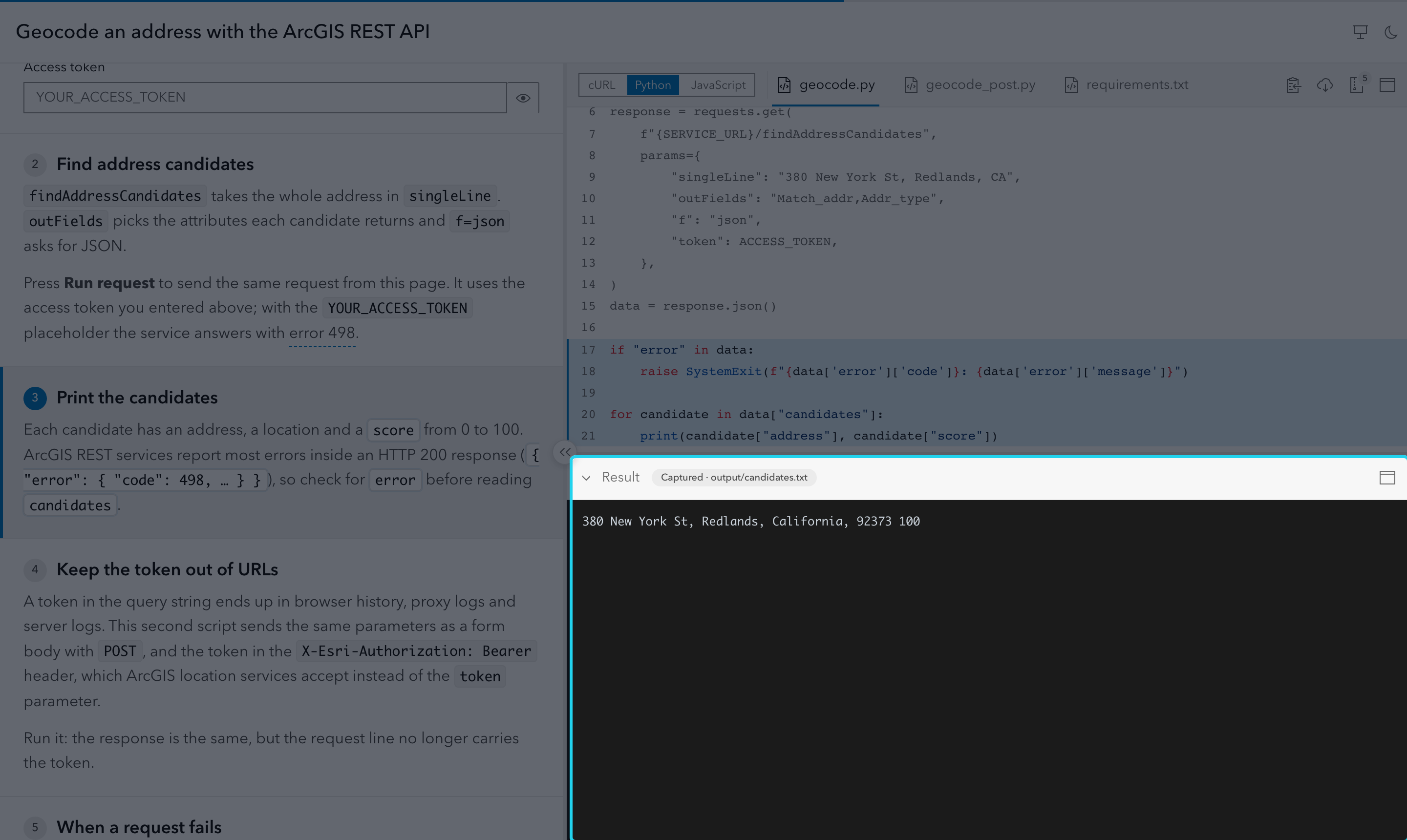 The Result pane under the code panel is highlighted: the captured terminal output of a Python script.