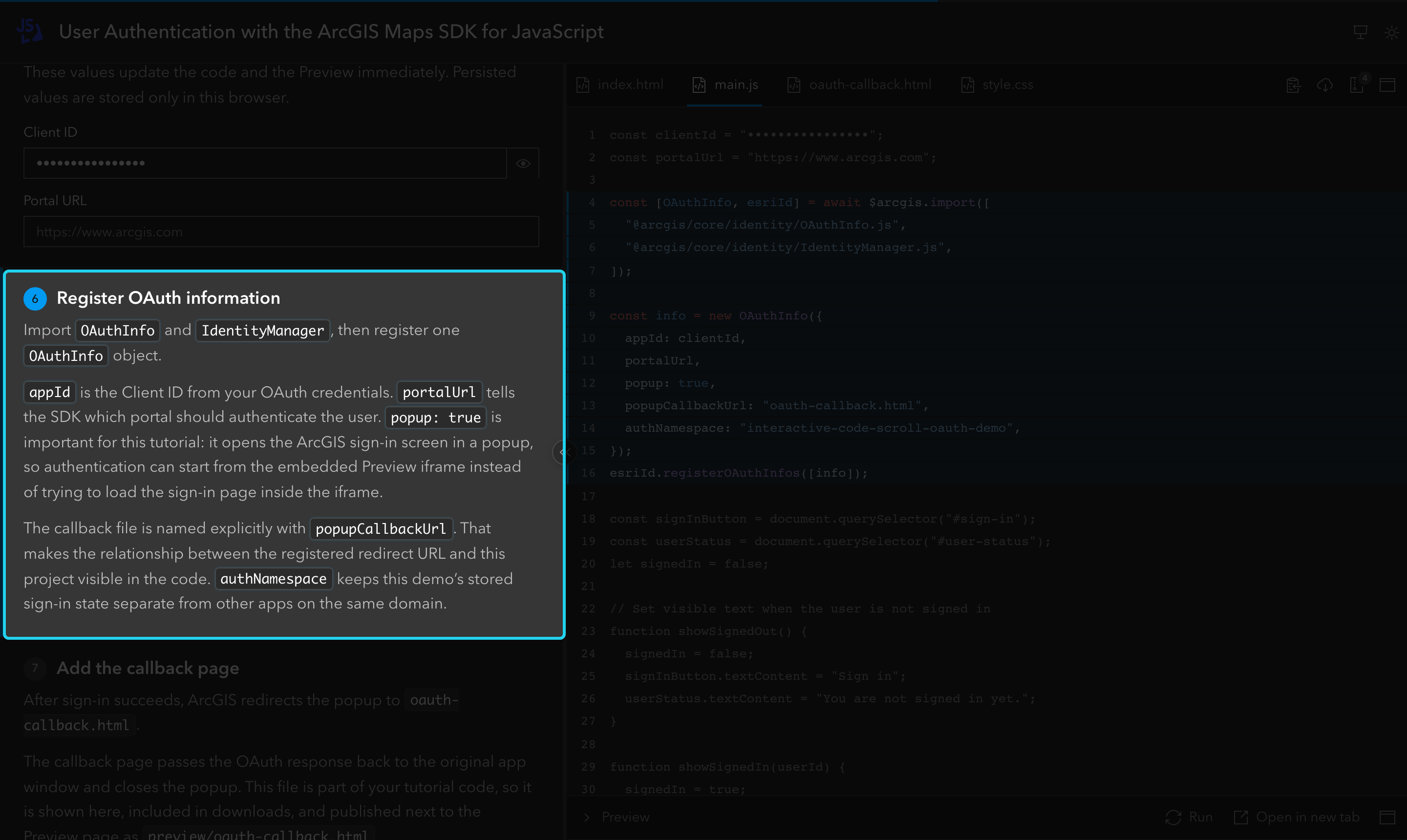 One step in the explanations is highlighted: its number, heading and text. The code panel shows the region it points at.