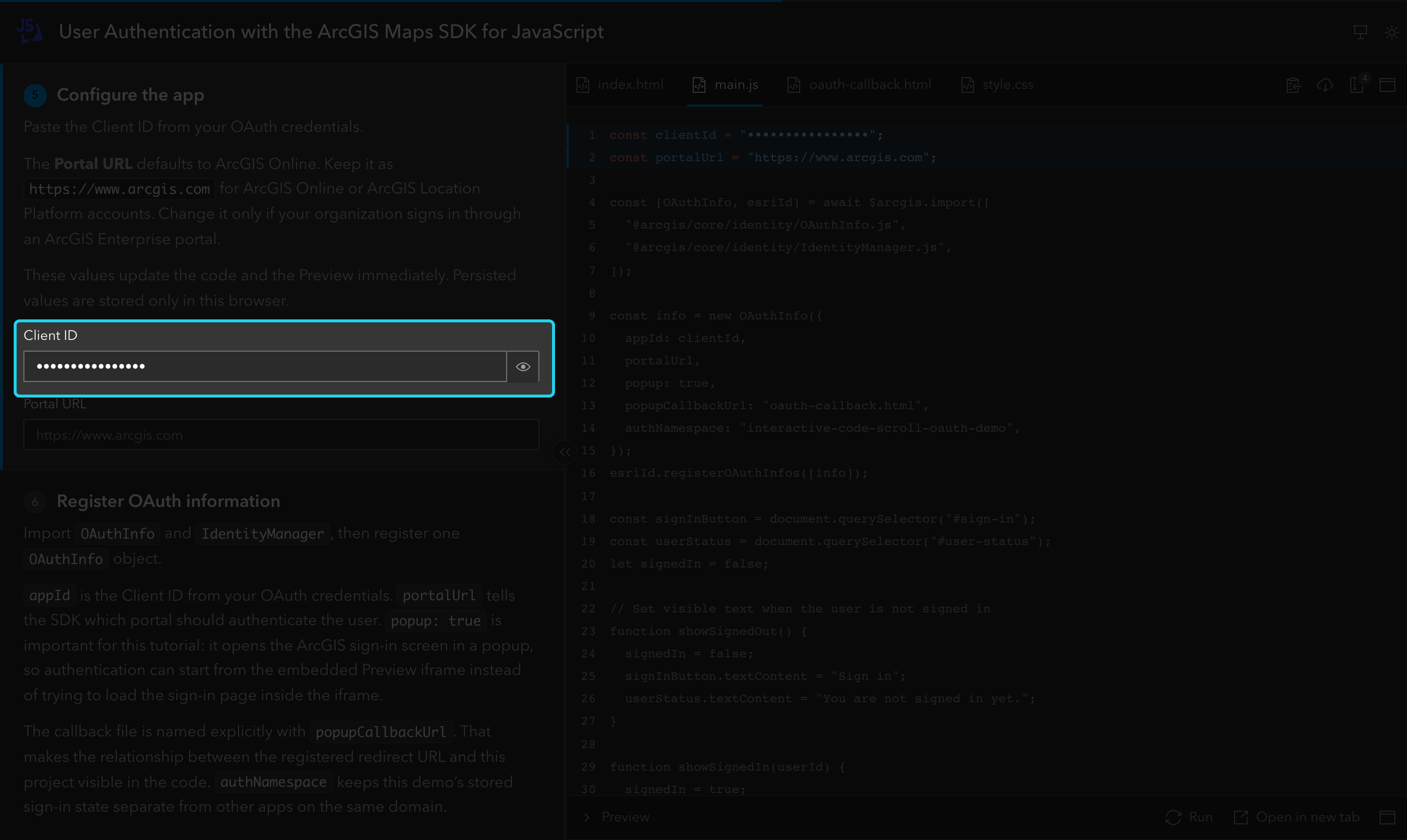 The Client ID field is highlighted; the value typed there appears, masked, in the code on the right.