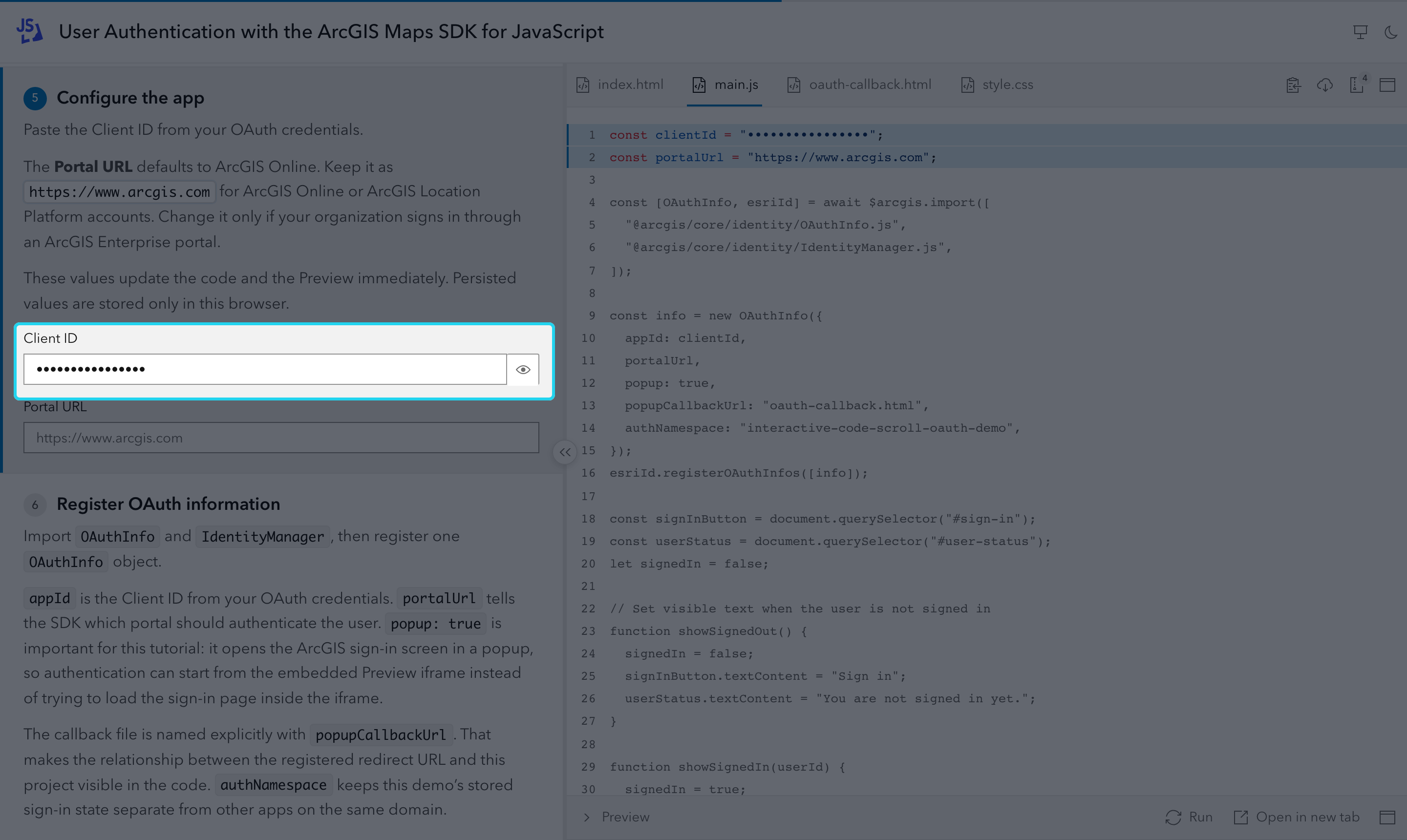 The Client ID field is highlighted; the value typed there appears, masked, in the code on the right.