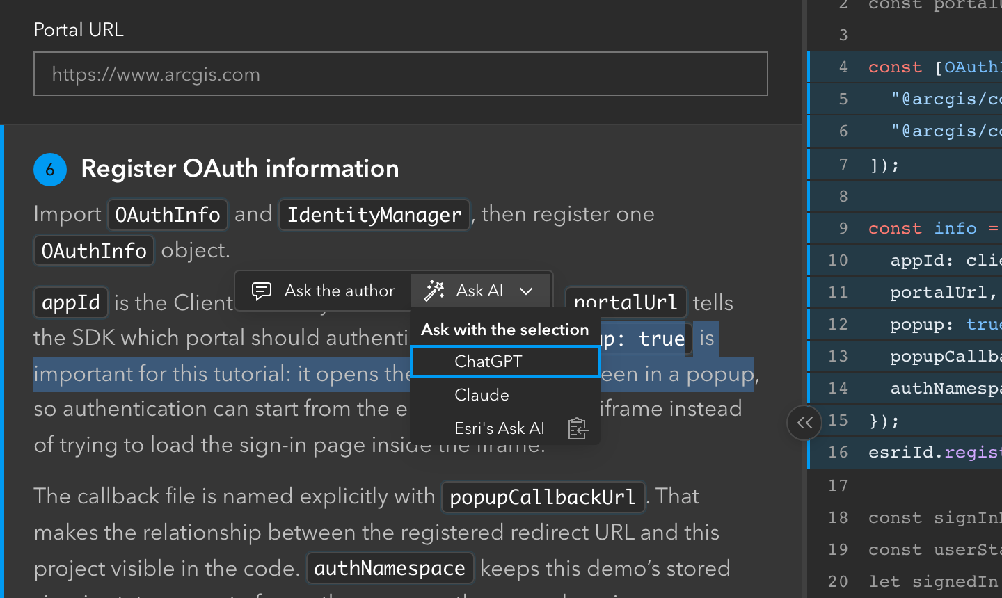 Text selected in a tutorial step, with a small toolbar over it: Ask the author, and an Ask AI menu listing ChatGPT, Claude and Esri's Ask AI.