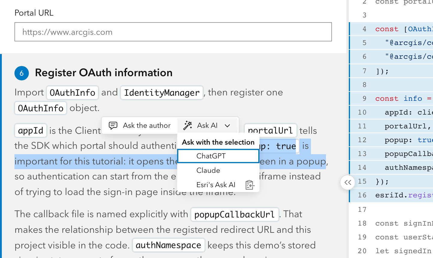 Text selected in a tutorial step, with a small toolbar over it: Ask the author, and an Ask AI menu listing ChatGPT, Claude and Esri's Ask AI.