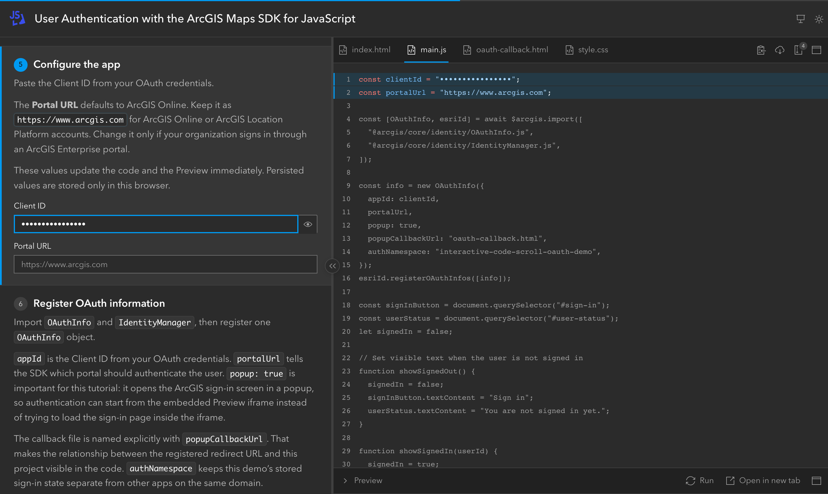 A Client ID field in the explanations; the value typed there appears, masked, in the code on the right.