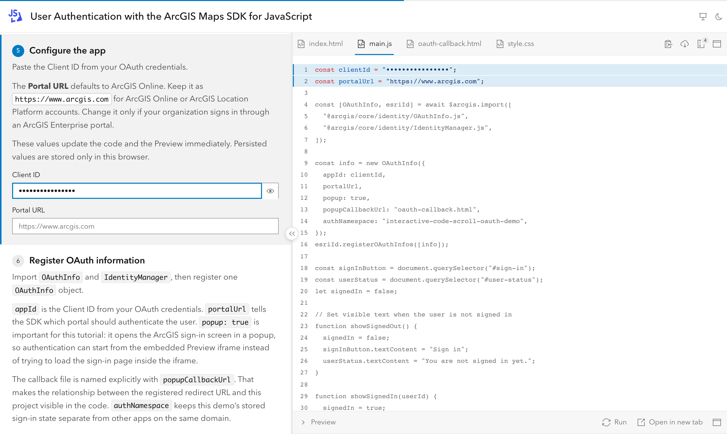 A Client ID field in the explanations; the value typed there appears, masked, in the code on the right.