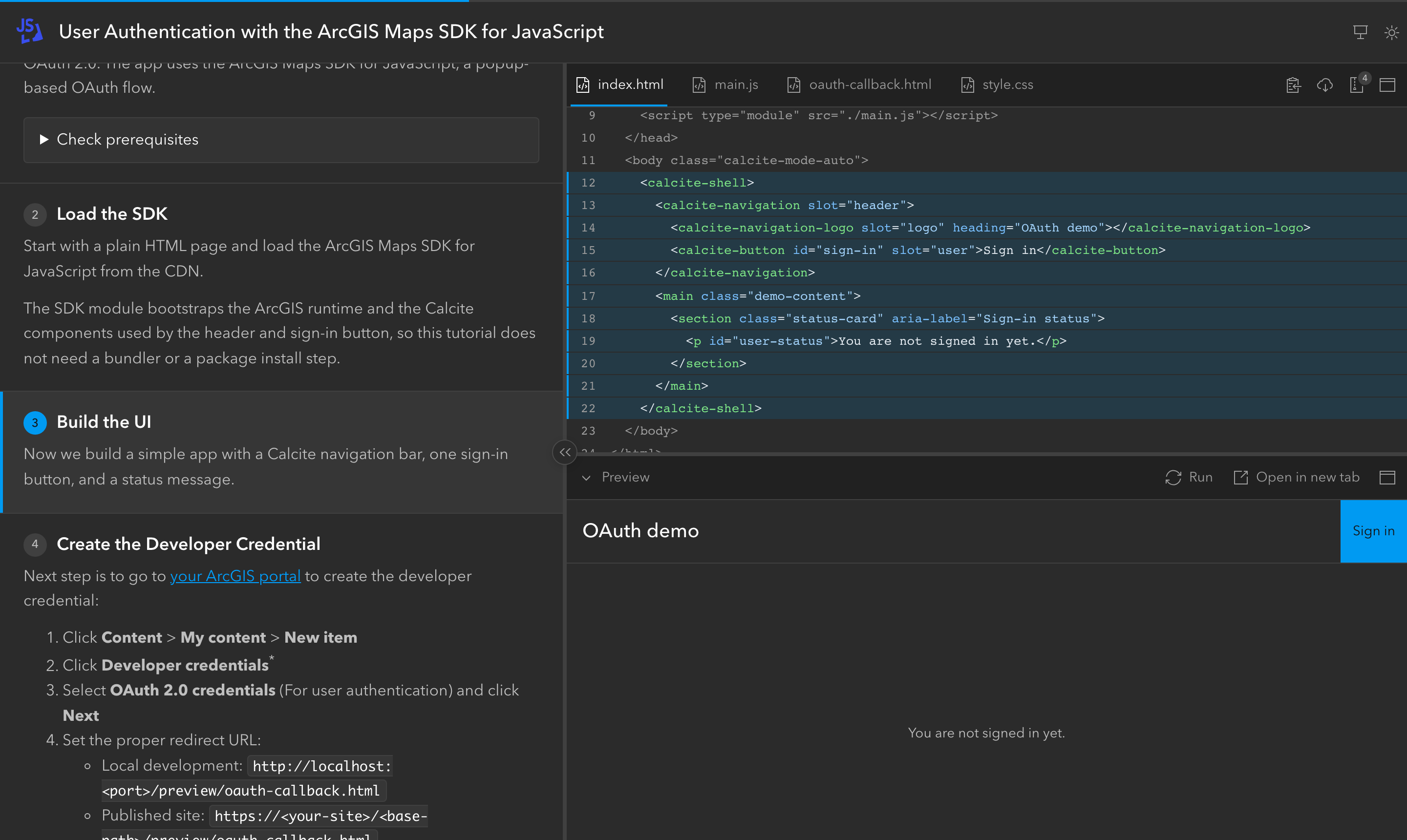 The OAuth PKCE tutorial: highlighted HTML and the running app in the Preview pane.