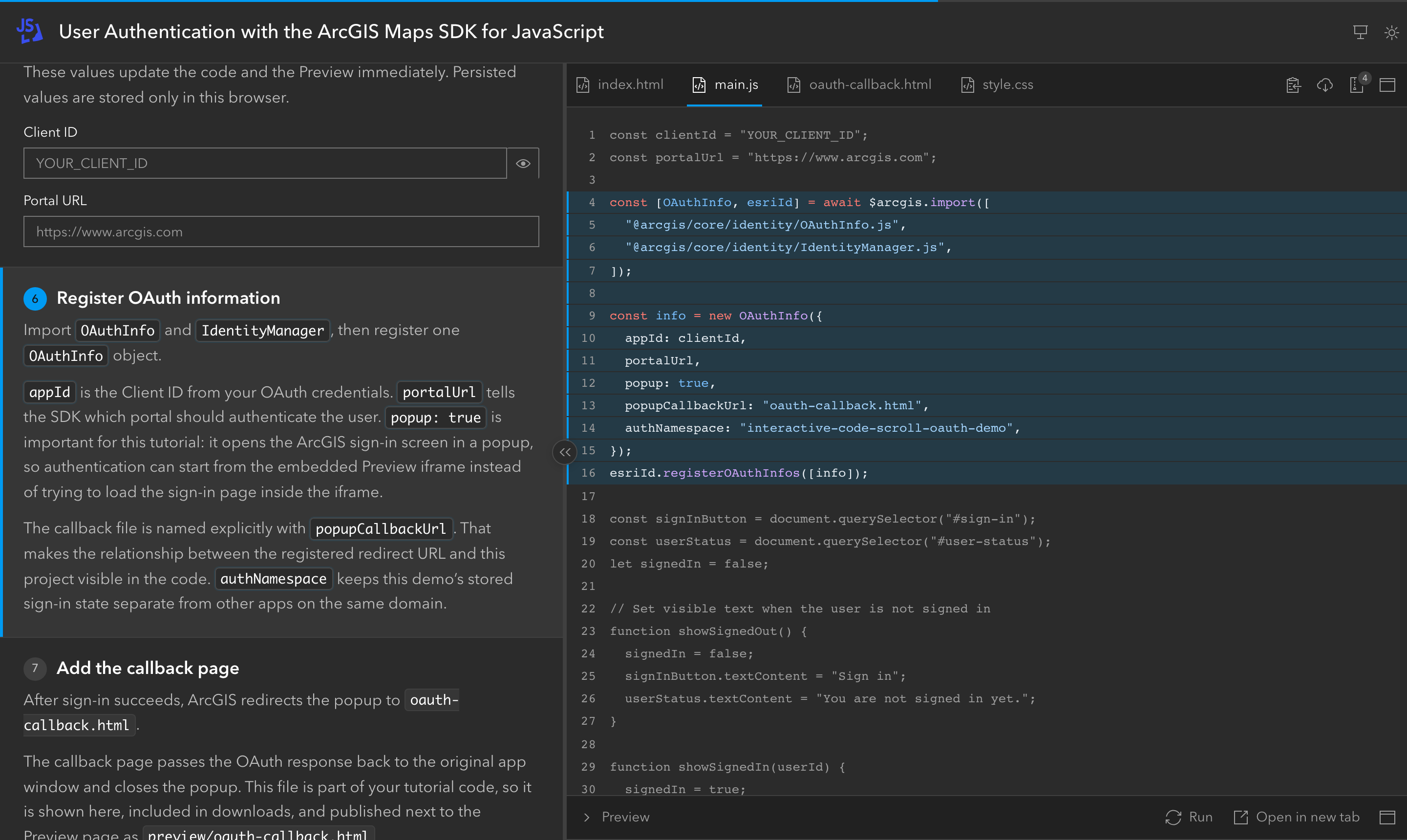A tutorial step with its explanation on the left and the JavaScript region it describes highlighted on the right; the rest of the file is dimmed.