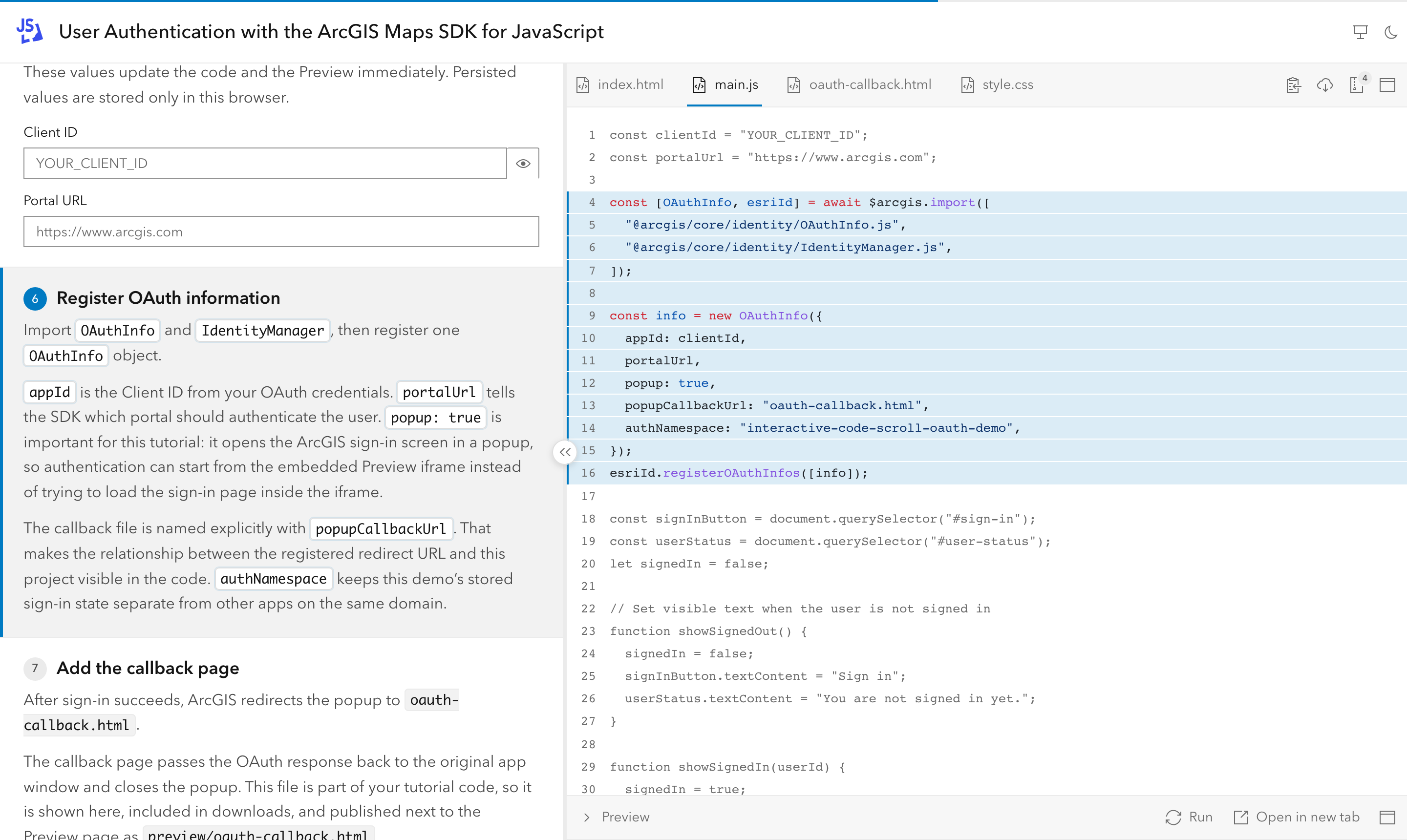 A tutorial step with its explanation on the left and the JavaScript region it describes highlighted on the right; the rest of the file is dimmed.