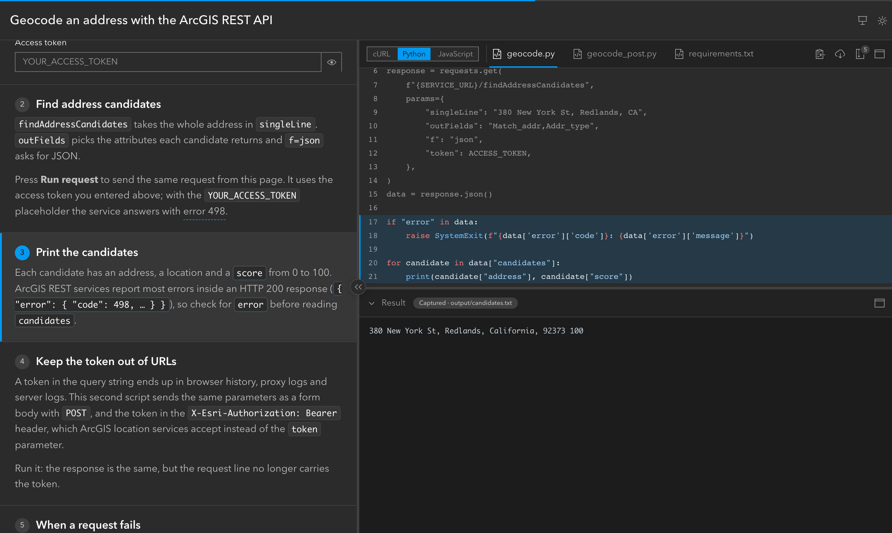 A Python script step: the Result pane under the code shows the captured terminal output of the script.