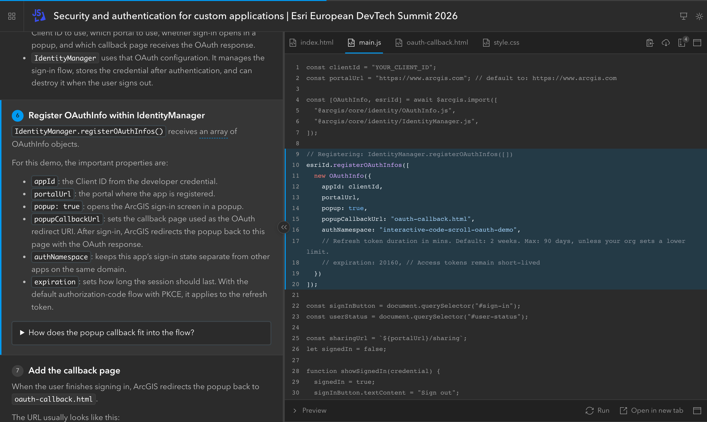 User Auth (OAuth) · ArcGIS Maps SDK for JS: the embedded tutorial. Tap to open it.