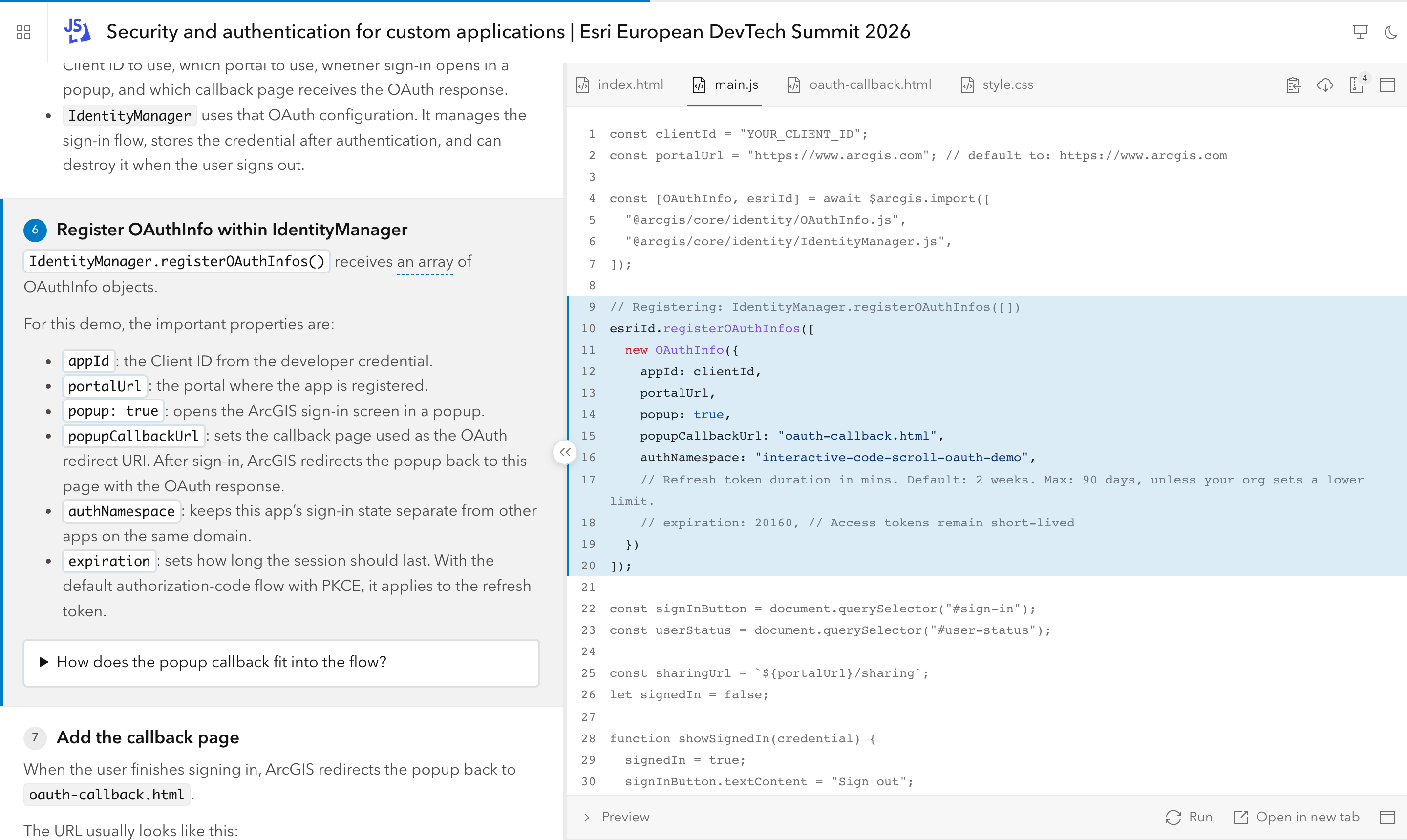 User Auth (OAuth) · ArcGIS Maps SDK for JS: the embedded tutorial. Tap to open it.